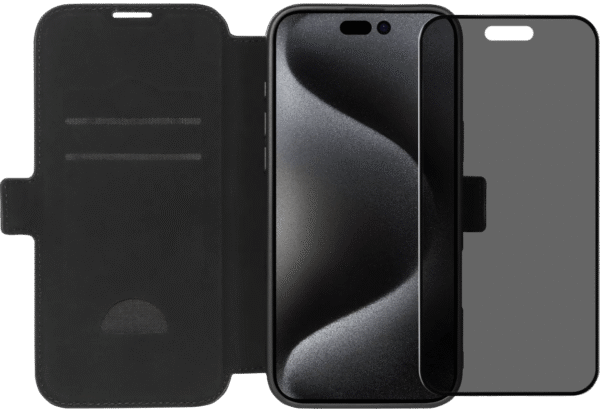 BlueBuilt Apple iPhone 16 Pro Max Book Case Leer Zwart + Privacy Screenprotector Glas