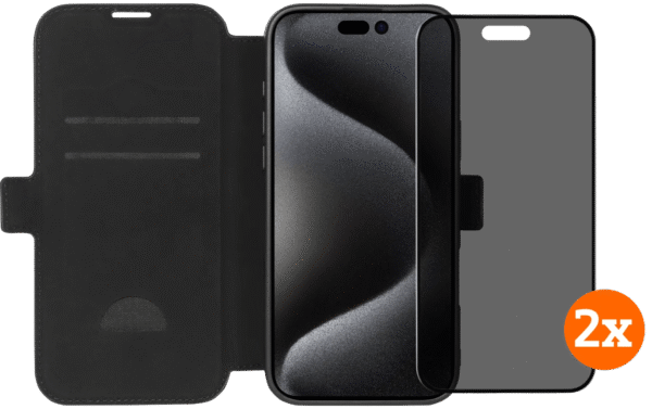 Bluebuilt apple iphone 16 pro max book case leer zwart + privacy screenprotector duo pack