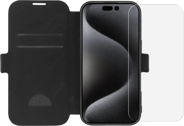 BlueBuilt Apple iPhone 16 Pro Book Case Leer Zwart + Screenprotector Glas