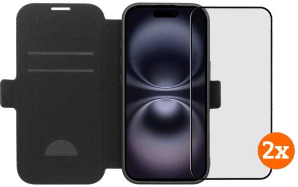 BlueBuilt Apple iPhone 17 Book Case Leer Zwart + Screenprotector Glas Duo Pack