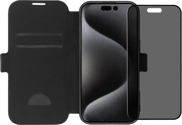 BlueBuilt Apple iPhone 16 Pro Book Case Leer Zwart + Privacy Filter Screenprotector Glas