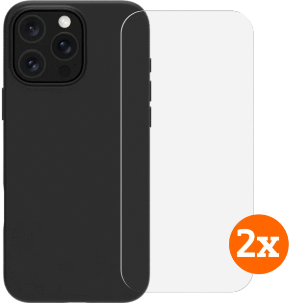 BlueBuilt Back Cover iPhone 16 Pro Zwart + Screenprotector Glas Duo Pack
