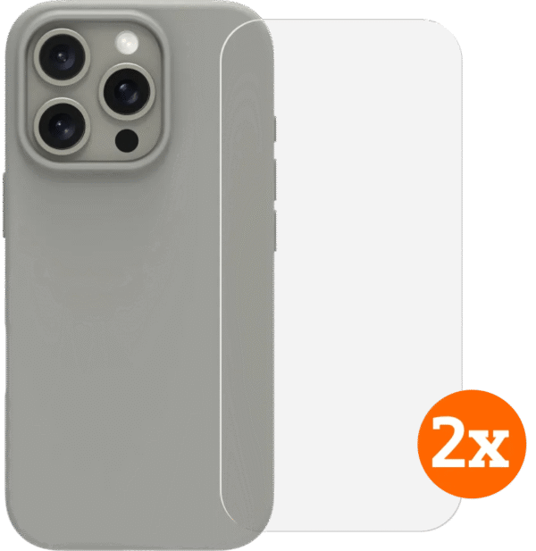BlueBuilt Back Cover iPhone 16 Pro Grijs + Screenprotector Glas Duo Pack