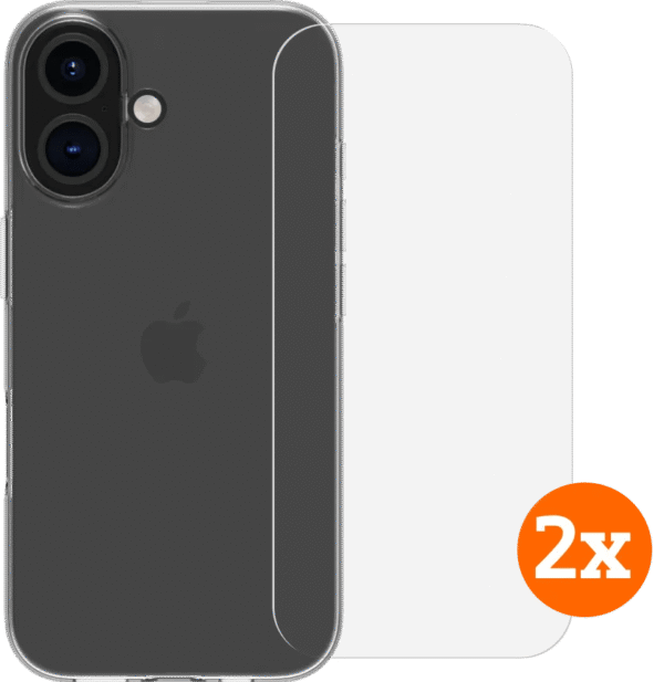 Bluebuilt back cover iphone 16 transparant + screenprotector glas duo pack
