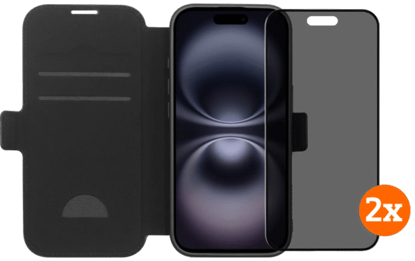 Bluebuilt apple iphone 17 book case leer zwart + privacy filter screenprotector duo pack