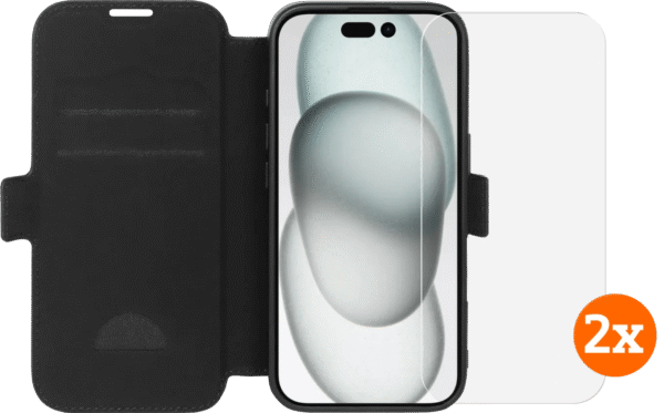 BlueBuilt Apple iPhone 16 Book Case Leer Zwart + Screenprotector Glas Duo Pack