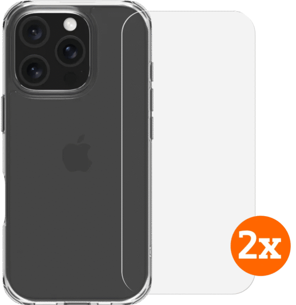 BlueBuilt Protective Back Cover iPhone 16 Pro Transparant + Screenprotector Glas Duo Pack