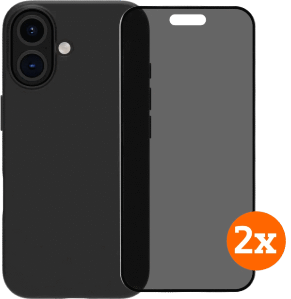 BlueBuilt Back Cover iPhone 16 Zwart + Privacy Filter Screenprotector Glas Duo Pack