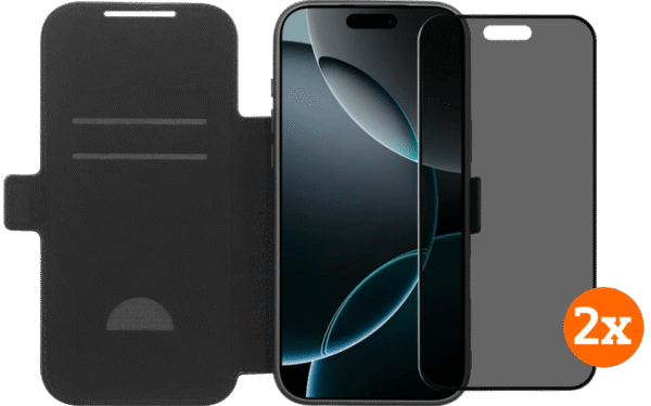 BlueBuilt Apple iPhone 17 Pro Max Book Case Leer Zwart + Privacy Screenprotector Duo Pack