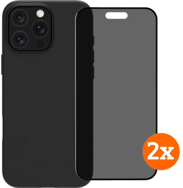 BlueBuilt Back Cover iPhone 16 Pro Zwart + Privacy Filter Screenprotector Glas Duo Pack