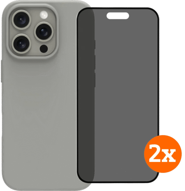 BlueBuilt Back Cover iPhone 16 Pro Grijs + Privacy Filter Screenprotector Glas Duo Pack
