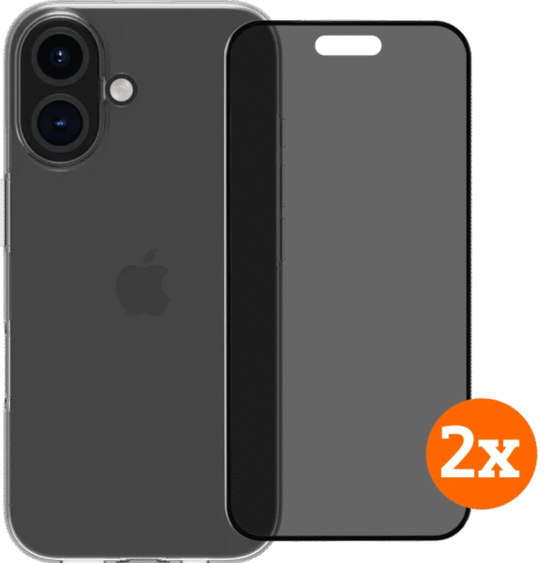 BlueBuilt Back Cover iPhone 16 Transparant + Privacy Filter Screenprotector Glas Duo Pack