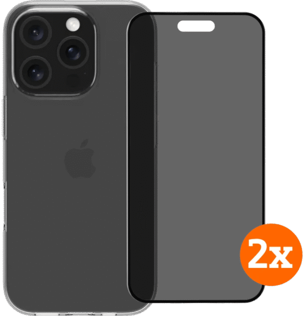 BlueBuilt Back Cover iPhone 16 Pro Transparant + Privacy Screenprotector Glas Duo Pack