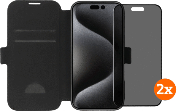 BlueBuilt Apple iPhone 16 Pro Book Case Leer Zwart + Privacy Screenprotector Glas Duo Pack