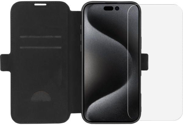 BlueBuilt Apple iPhone 16 Pro Max Book Case Leer Zwart + Screenprotector Glas